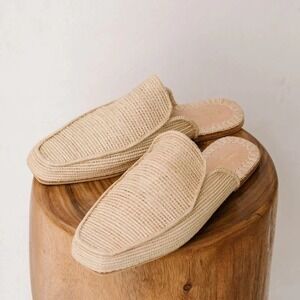 Bulibasha Woven Raffia Mules Beige Square Toe Flats Slides Size 40 EU 9 US Munas